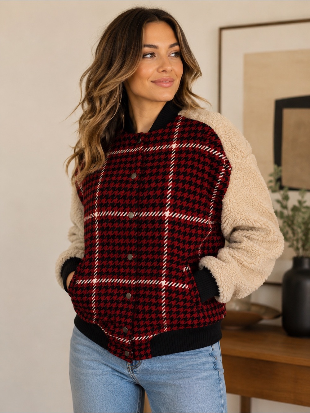 Ro & De Faux Shearling Varsity Bomber Jacket Women’s Small Red Plaid